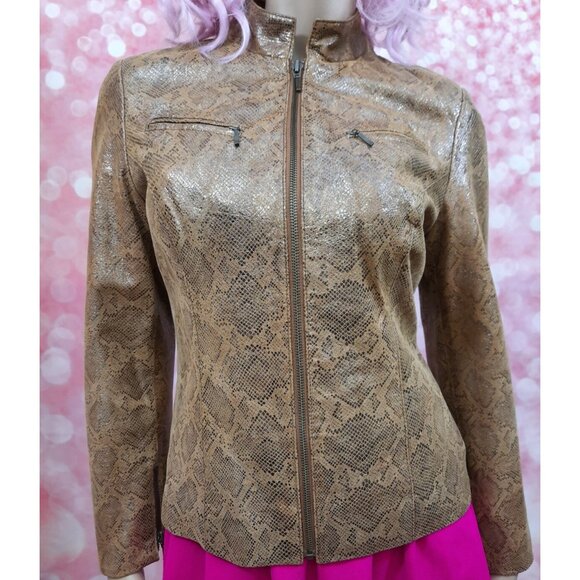 Y2K  Metallic Snake Print Leather Moto Jacket Womens Size M Tan Beige - Picture 2 of 12